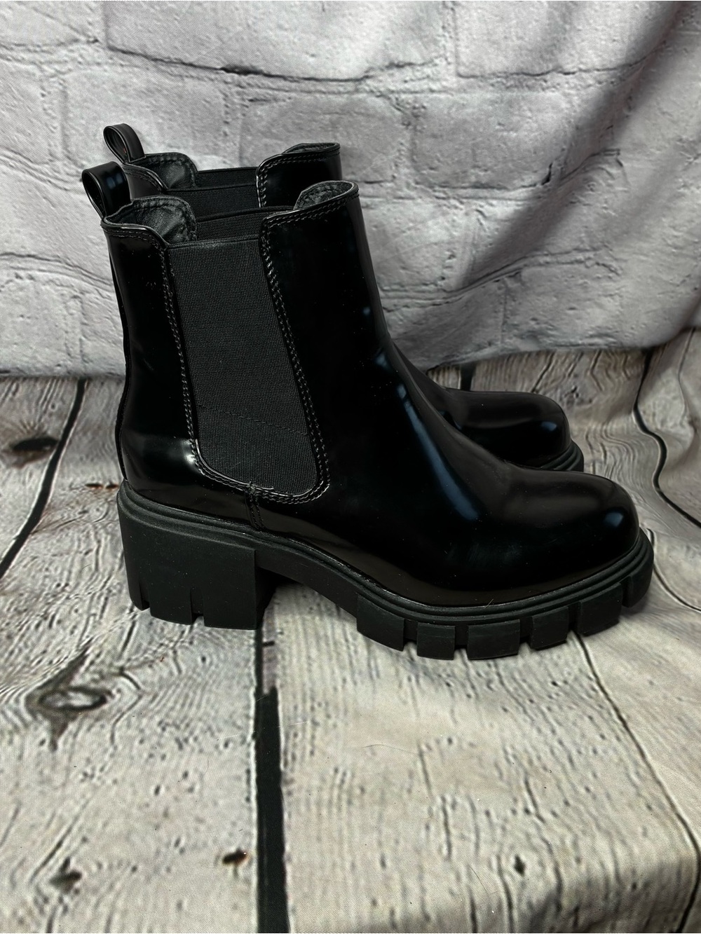 Black Patent Goth Grunge Matrix Block Heel Lug Sole Chunky Platform Boots Sz 6.5